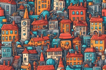 Obraz premium A colorful cityscape with houses of different colors and sizes