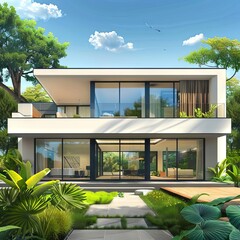 modern twostory house with large windows and lush green garden architectural exterior digital illustration