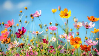 multicolored cosmos flowers blooming in spring meadow against blue sky oil painting