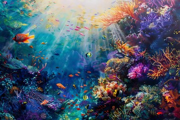 A vibrant underwater scene with schools of colorful fish swimming through coral reefs bathed in sunlight.