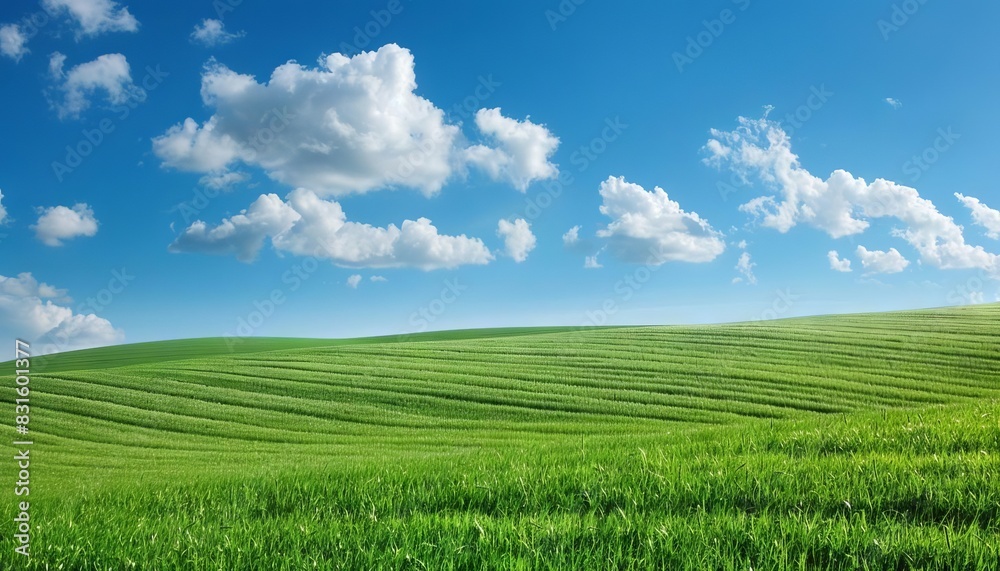 Wall mural panoramic view of vast green field with freshly cut grass distant blue sky and wispy white clouds - Wall murals