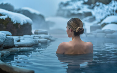 Fototapeta premium Woman with hair in bun enjoys hot spring bath amidst snow-covered rocks and mist in serene winter landscape.