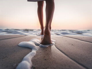 Close-up of person's legs and feet walking on sandy beach with gentle waves and foam at sunset.