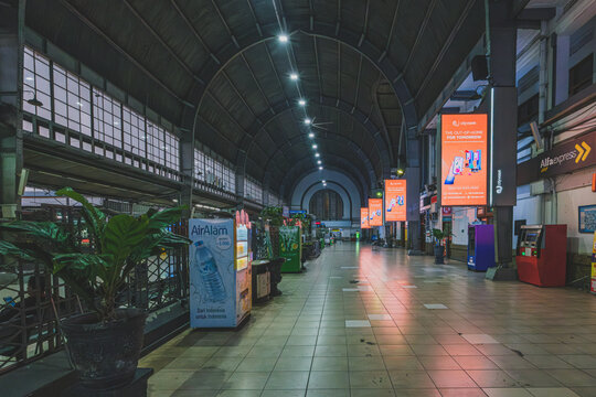 Jakarta, Indonesia - May 7th, 2024. The historic interior of Stasiun Jakarta Kota or Beos, a landmark railway station in Jakarta, Indonesia. The station features an Art Deco architecture.
