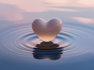 Fototapeta premium Heart-shaped object floating on calm water with ripples, under a pastel-colored sky.