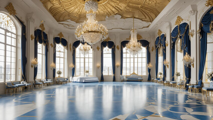 A large ballroom with a blue and white marble floor, crystal chandeliers, and blue velvet curtains.