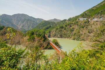 静岡県川根本町　春の奥大井湖上駅の景色