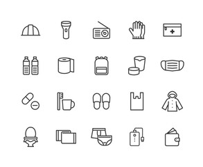 防災グッズの線画アイコンセット