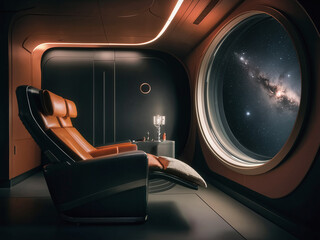 Luxurious space-themed room with large window showcasing galaxy view. Features comfortable reclining chair and small table with lamp.