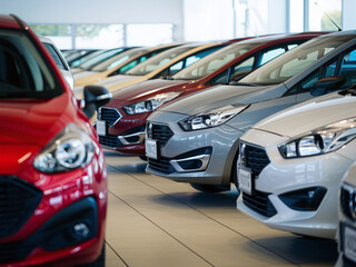Row of new cars displayed in showroom, showcasing various colors and models. Neatly aligned to highlight front designs and headlights.
