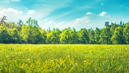 tranquil green grass field with blue sky and blurry trees summer panorama