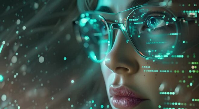 A Beautiful Digital Painting of a Young Woman Wearing Augmented Reality Glasses, Blending Technology and Art
