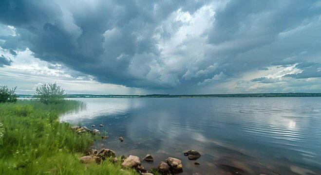 A beautiful lakeside view with storm clouds gathering on the horizon. The sky is dark and ominous, but the water is still and peaceful.