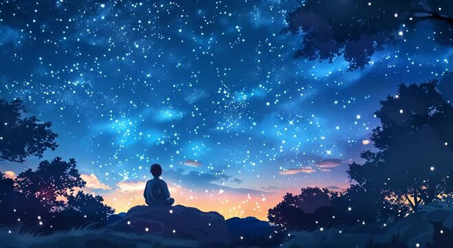 A boy sitting on a rock under a starry night sky.