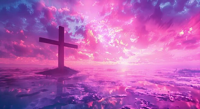 A large wooden cross stands on a hilltop overlooking a vast body of water. The sky is ablaze with color, and the water reflects the vibrant hues. The scene is one of peace and tranquility.