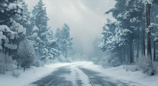 A lonely road through a snowy forest. The snow is falling heavily and the trees are covered in snow.
