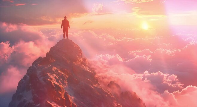 A person standing on a mountaintop overlooking a sea of clouds with a bright orange sunset in the background.