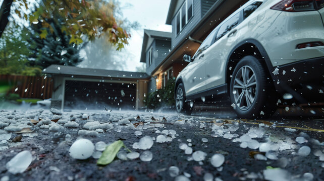 Hail falls on a white SUV in the driveway of a suburban home as it is parked in the driveway. A severe storm, low angle, hail stones on the ground, hail damaged house and car, weather