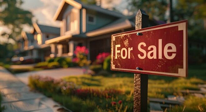 A photo of a sign with the text 'For Sale' in front of a house.