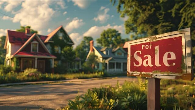 A photo of a sign with the text 'For Sale' in front of a row of abandoned houses.