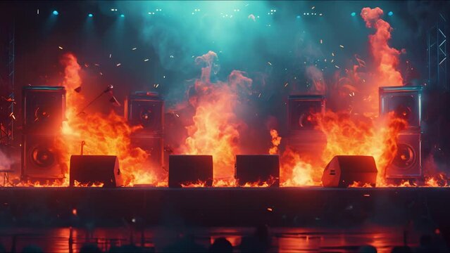 A rock concert with fire on the stage