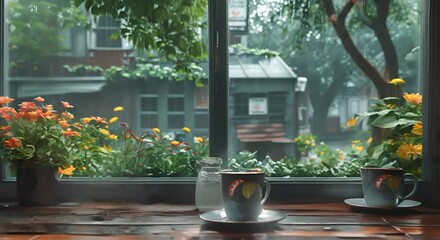 A view of a rainy street from a cozy coffee shop window.