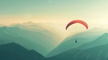 Image of a paraglider soaring above hills flat design top view sky sports theme animation Triadic Color Scheme