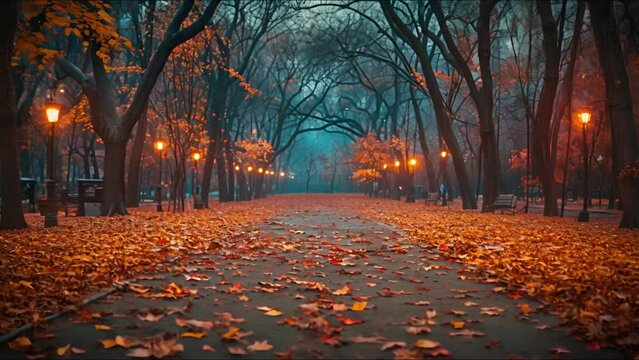 An autumn park with a long path, fallen leaves and benches on both sides of the path. The trees are bare and the leaves are a mix of red, orange, and yellow. The path is lit by street lamps.