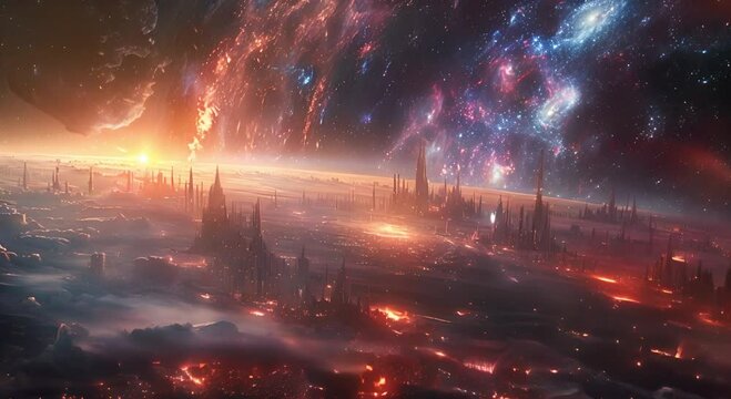 An epic science fiction scene of a futuristic city on a distant planet with a beautiful landscape of mountains and a colorful sky.