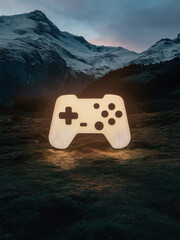 Glowing video game controller icon in a mountainous landscape at dusk.