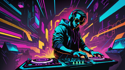 A DJ performs in a neon-lit nightclub, mixing music with turntables, capturing the energy and excitement of nightlife and electronic music culture. &yen;