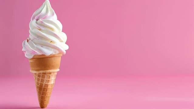 Swirled pink and white ice cream in cone on background