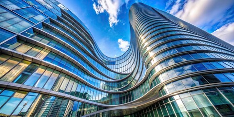 Modern glass building with dynamic curves against clear blue sky backdrop, bottom to top view - Powered by Adobe
