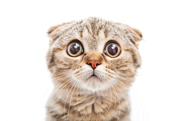 Funny surprised young cat make big eyes closeup isolated on white background, Breed Scottish Fold