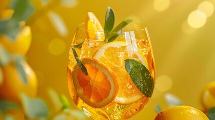 Ripe juicy lemons, orange and green leaves on bright yellow background. 