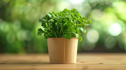 Fototapeta premium Ecological, organic parsley in a cardboard and wood container, promoting zero waste.
