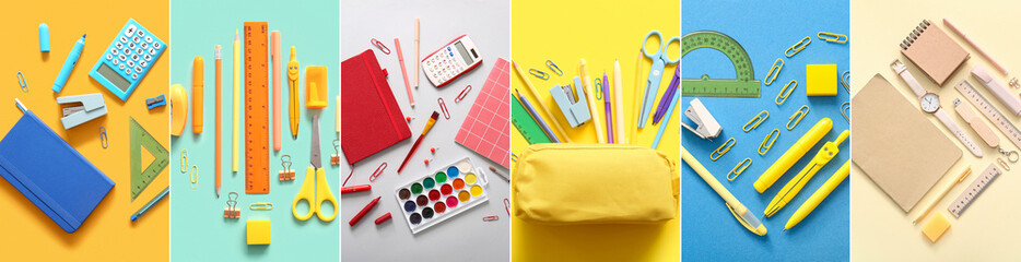 Set of many school supplies on color background, top view