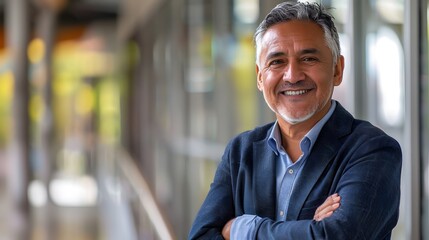 Handsome hispanic senior business man with crossed arms smiling at camera. Indian or latin confident mature good looking middle age leader male businessman on blur office background with copy space.