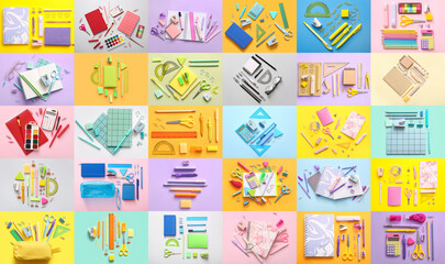 Set of many school supplies on color background, top view