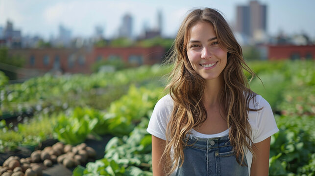 smiling young caucasian woman at a community urban garden in the rooftop of a building, local self-sufficient food production