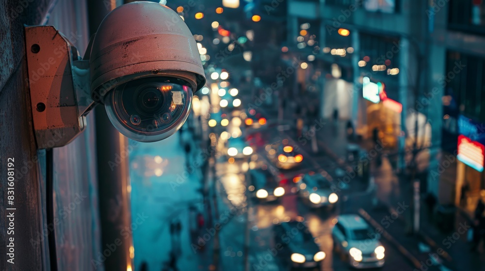 Poster close-up of a dome surveillance camera overseeing a busy street with city lights in the background. 