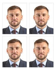 Photos of young man for passport on white background