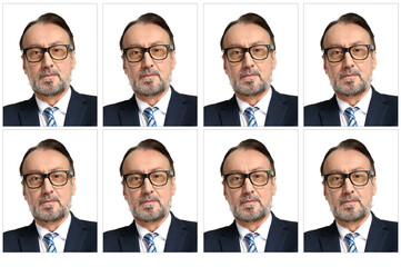 Photos of mature man for passport on white background