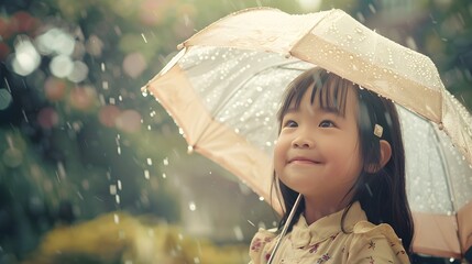 portrait of happy Asian little girl with umbrella in the rain