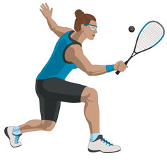 squash sport, female player striking the ball isolated on a white background