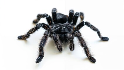 Plush spider toy with simulated webs and insects caught in them, isolated on white