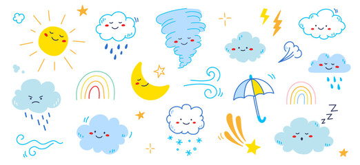 Cloud rain weather cartoon cute set. Cloud, sun, moon weather character with smile and angry face. Hand drawn doodle sketch style. Rainbow, wind, tornado doodle character. Vector illustration.