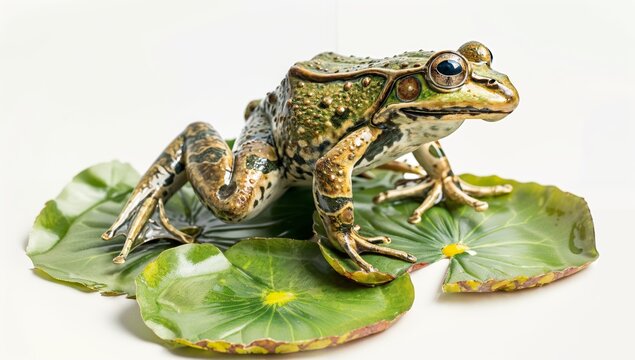 Stuffed frog hopping with simulated lily pads and splashes, isolated on white