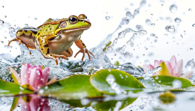 Stuffed frog hopping with simulated lily pads and splashes, isolated on white