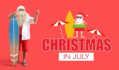 Banner with Santa Claus holding surfboard and text CHRISTMAS IN JULY on red background